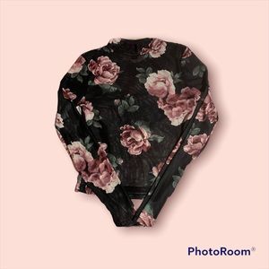 Black floral mesh long sleeve shirt. medium.